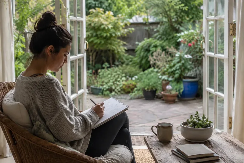 Illustrative scene of a woman sketching in a notebook beside open doors to a leafy garden.