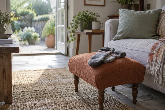 Illustrative quiet sitting space with a footstool beside a linen sofa.