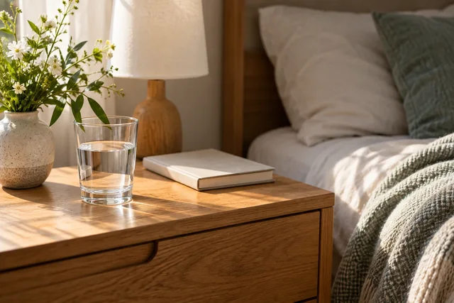 Illustrative bedside water and notebook in a quiet home setting.