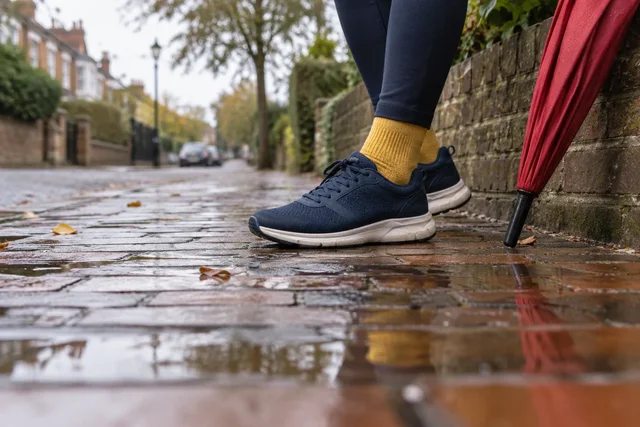 Illustrative walking shoes beside a rain-damp brick path.