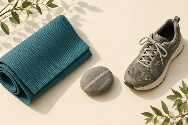 Illustrative mat, stone and shoe representing everyday considerations.