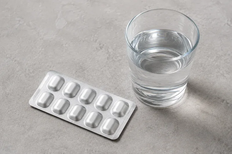 Illustrative photograph of an unlabelled medicine blister and a glass of water.