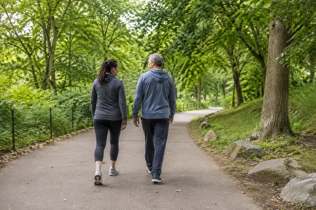 Illustrative photograph of two adults walking along a leafy path.