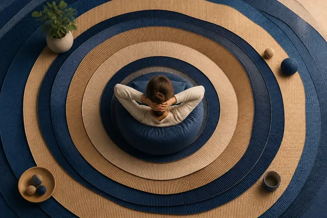 Illustrative overhead scene of a seated woman surrounded by concentric blue and sand-coloured corrugated paper arcs.