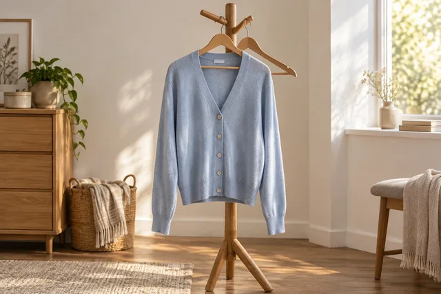 Illustrative blue cardigan on a wooden coat stand in a sunlit room.