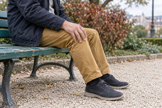 Illustrative adult resting a hand on their knee while seated on a park bench.