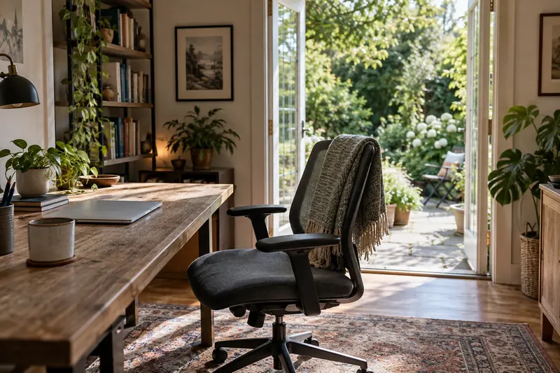 Illustrative home office opening onto a green garden.