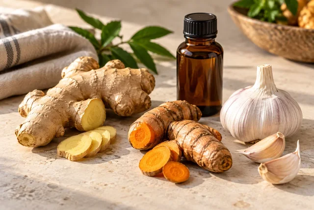 Illustrative ginger, turmeric and garlic beside an unlabelled amber bottle.