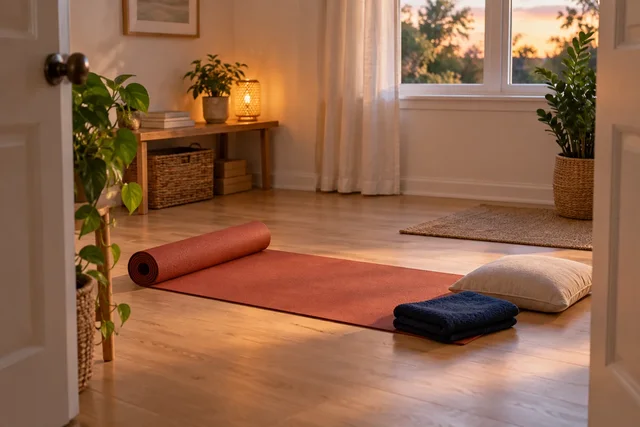 Illustrative rolled mat, towel and cushion in a home movement space.