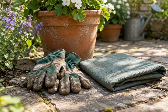 Illustrative gardening gloves and folded cloth beside a plant pot.