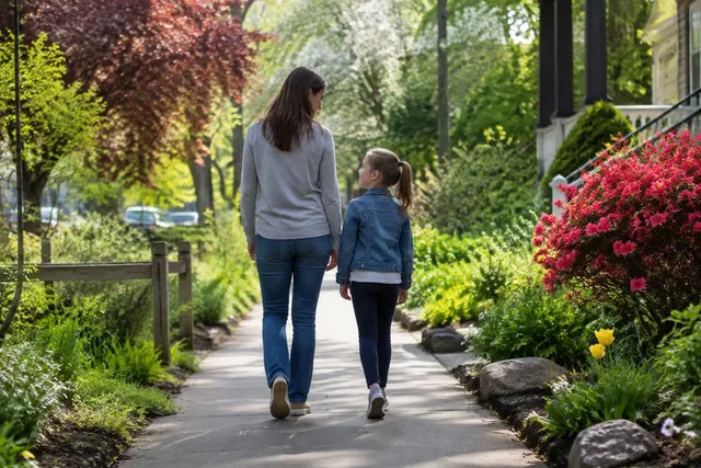 Illustrative scene of an adult and child walking together along a leafy neighbourhood path.
