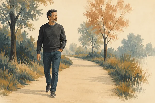 Editorial illustration of a man walking along a tree-lined path.