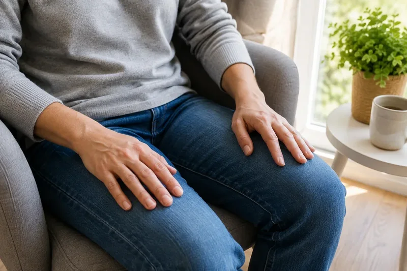 Illustrative photograph of relaxed hands resting on a seated person’s lap.