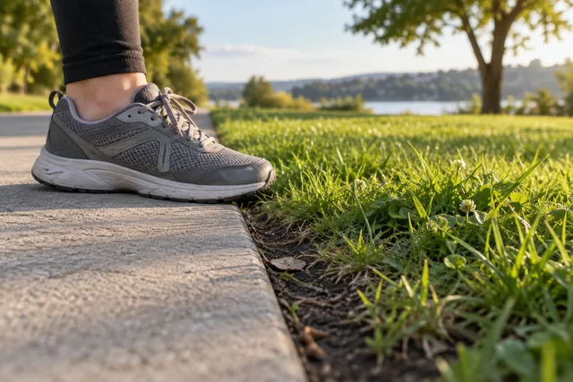 Illustrative walking shoe at the edge of concrete and grass.