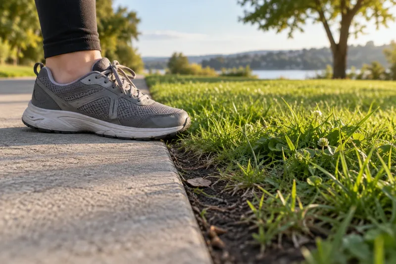 Illustrative walking shoe at the edge of concrete and grass.