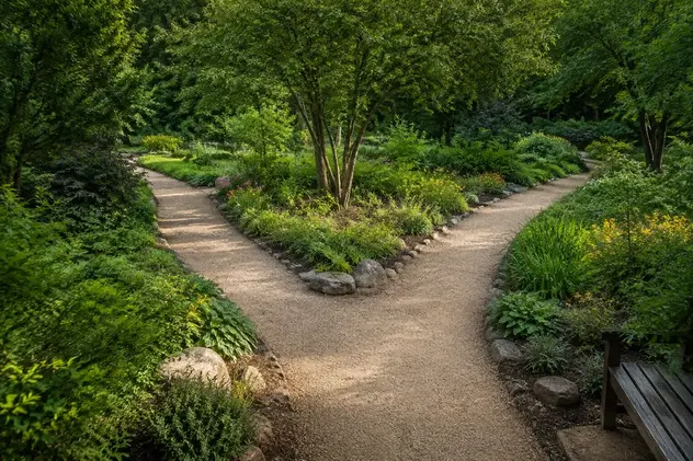 Illustrative photograph of two gravel paths meeting amid trees and flowering plants in a green garden.