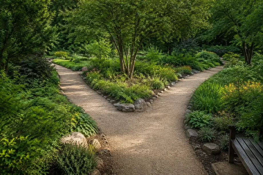 Illustrative photograph of two gravel paths meeting amid trees and flowering plants in a green garden.