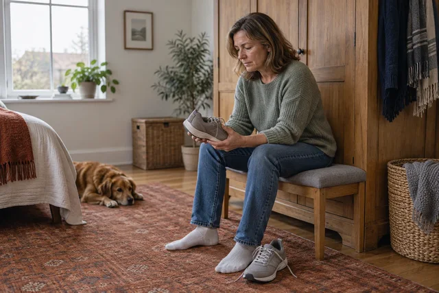 Illustrative adult considering an ordinary walking shoe at home.