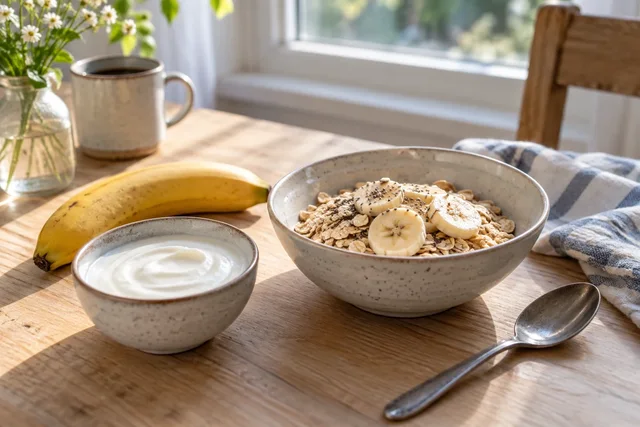 Illustrative yoghurt, oats and fruit at a breakfast table.