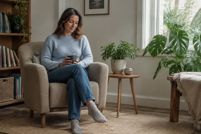 Illustrative image of a woman resting in an armchair with a mug beside houseplants.