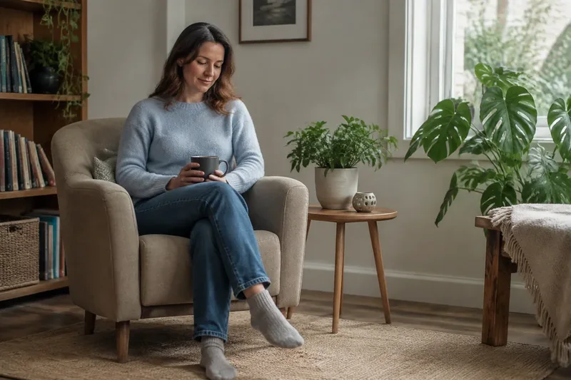 Illustrative image of a woman resting in an armchair with a mug beside houseplants.