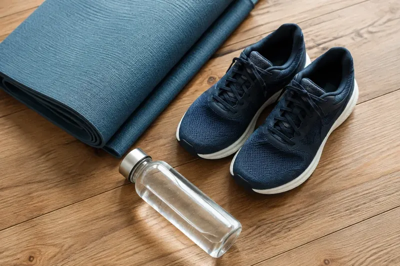 Illustrative still life of trainers, a folded exercise mat and a plain water bottle on timber flooring.