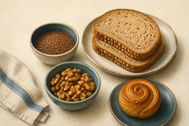 Editorial illustration of flaxseeds, walnuts, bread and a pastry on a table.