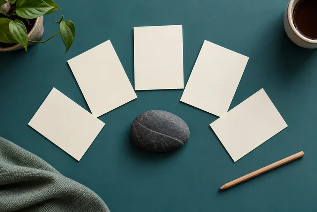 Illustrative blank cards arranged around a smooth stone while considering options.