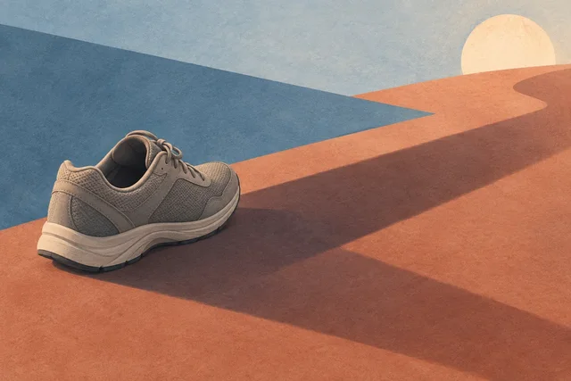 Illustrative walking shoe and a long shadow on layered paper.