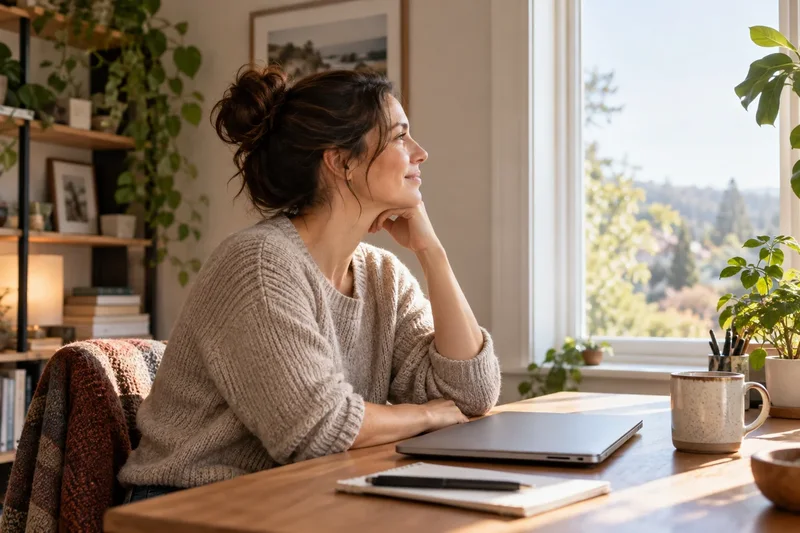 Illustrative person taking a pause at a home desk.