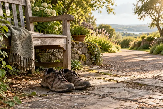 Illustrative walking shoes beside a quiet garden bench.