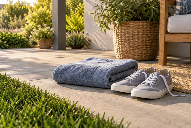 Illustrative canvas shoes and a towel beside a grassy patio.