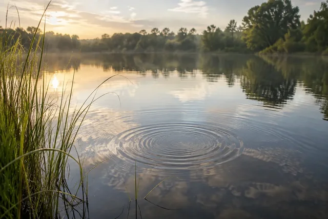 Illustrative pond scene with circular ripples, reeds and morning reflections.