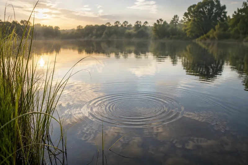 Illustrative pond scene with circular ripples, reeds and morning reflections.