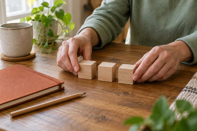 Illustrative hands arranging plain wooden pieces beside a blank notebook.