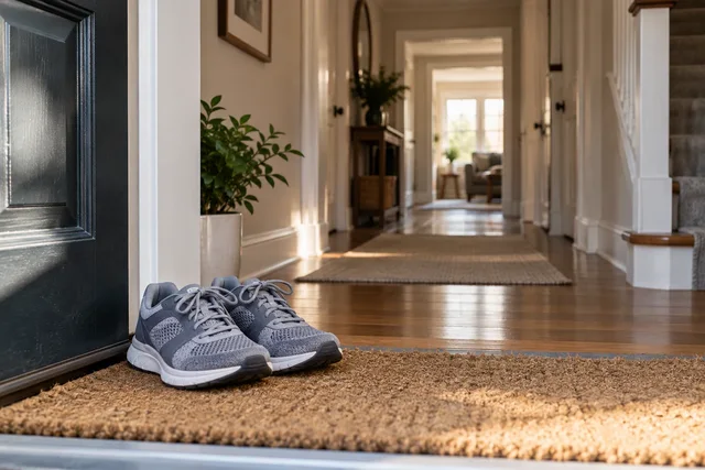 Illustrative everyday walking shoes at a home doorway.
