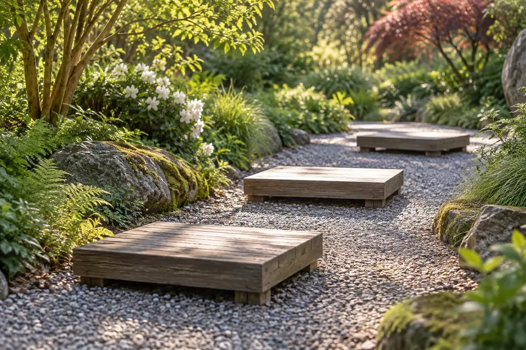 Illustrative wooden stepping platforms along a garden walkway.