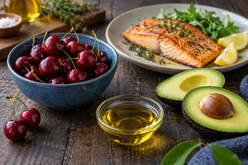 Illustrative cherries, avocado, olive oil and fish.