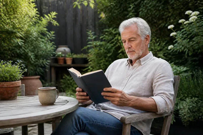 Illustrative scene of an older man reading a plain-covered book in a garden chair.