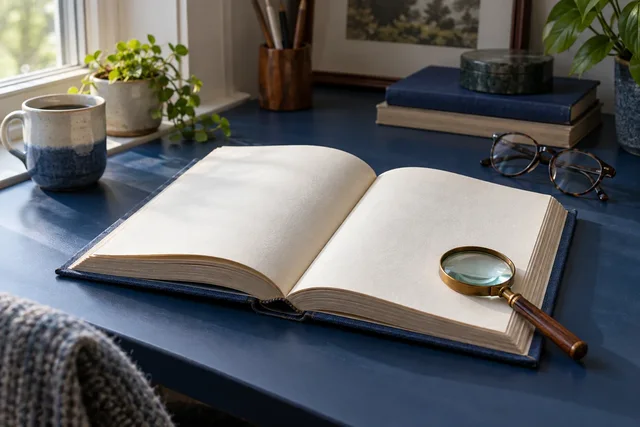 Illustrative magnifying glass and reading glasses beside an open book.