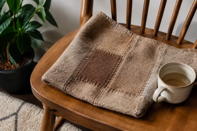 Illustrative photograph of visibly stitched wool fabric resting on a wooden chair beside a ceramic mug.