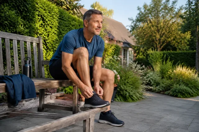 Illustrative scene of a man tying his trainers on a wooden garden bench.