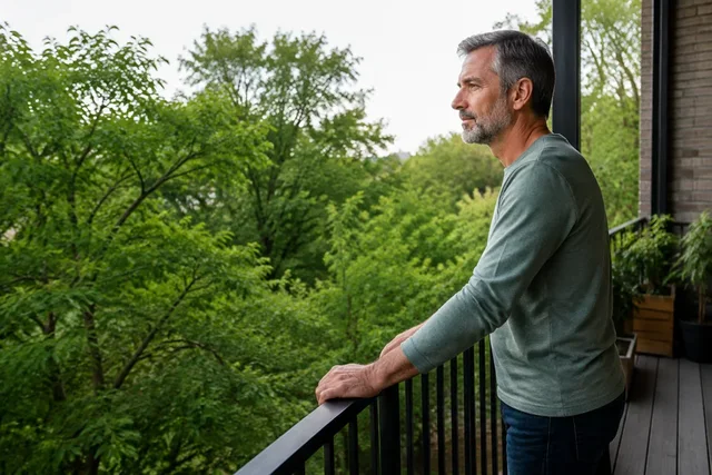 Illustrative scene of a man resting his hands on a balcony railing beside leafy trees.