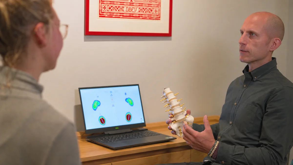 A practitioner explains a foot-pressure scan during a clinic consultation