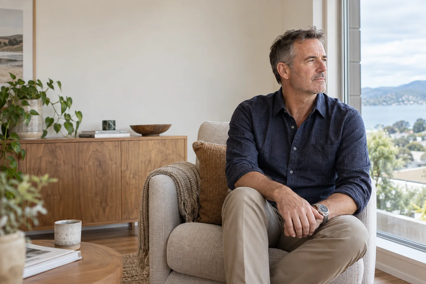 Illustrative photograph of a fully clothed man sitting thoughtfully beside a window.