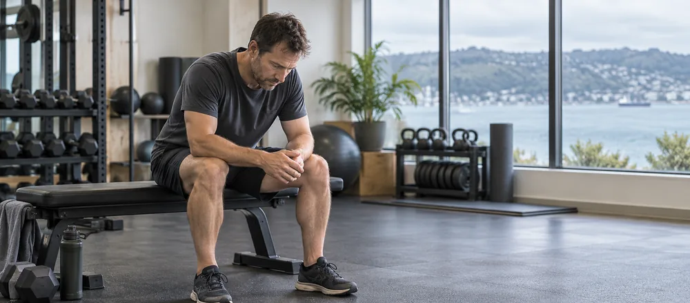Illustrative scene of a man resting on an exercise bench beside a harbour-facing window
