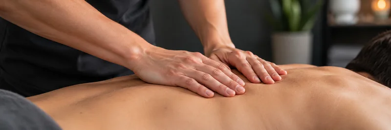 Illustrative close-up of hands providing manual treatment to an upper back