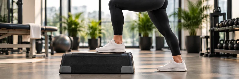 Illustrative rehabilitation step exercise in a bright treatment room