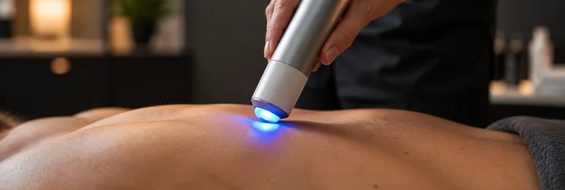 Illustrative close-up of a handheld treatment device applied to skin