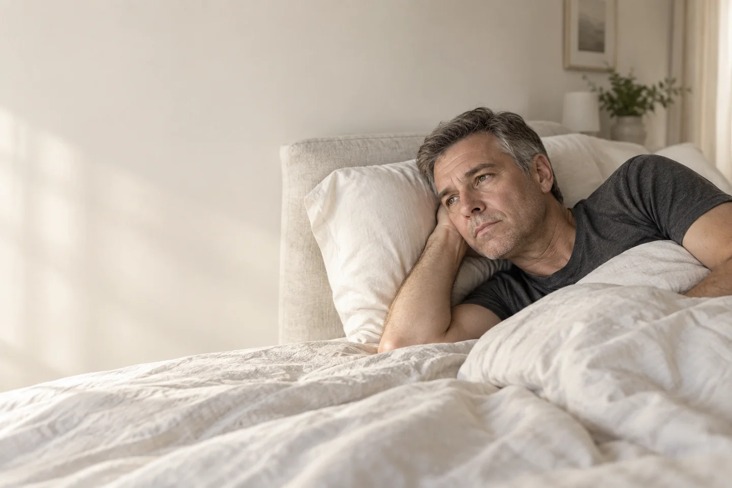 Illustrative scene of a man lying awake on his side in a softly lit bedroom.